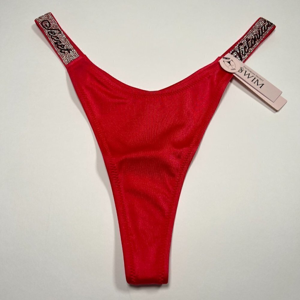 Victoria Secret XS Thong Bikini Bottom Swim LOGO Shine Strap Strawberry Pink